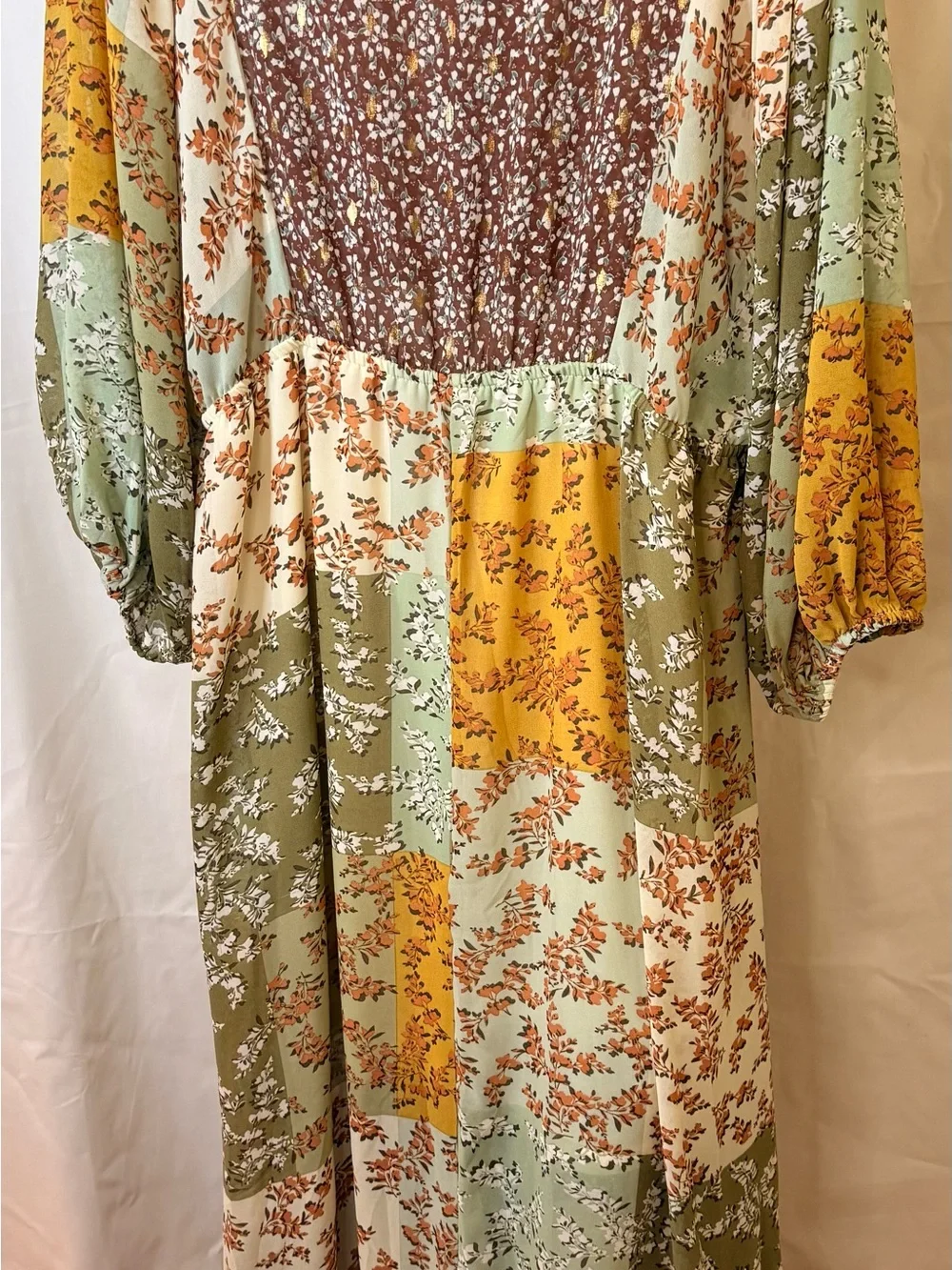 Umgee Women’s size XL Boho Patchwork Floral Maxi Dress - Sage, Mustard & Brown - Picture 7 of 9